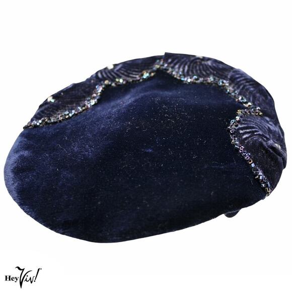 Vintage 1950s Platter Cocktail Hat Blue Velvet w Beads and Rhinestones - Hey Viv - Picture 3 of 7
